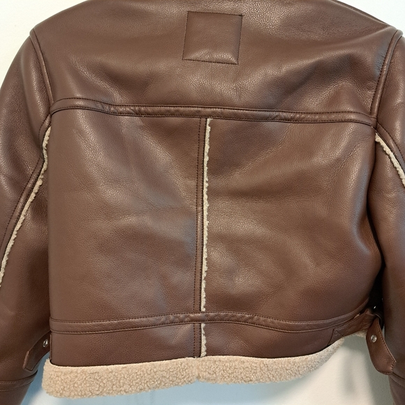 Garage Cropped Aviator Jacket Sherpa Lined Coat Brown Faux Leather Women's Sz M - Picture 13 of 16